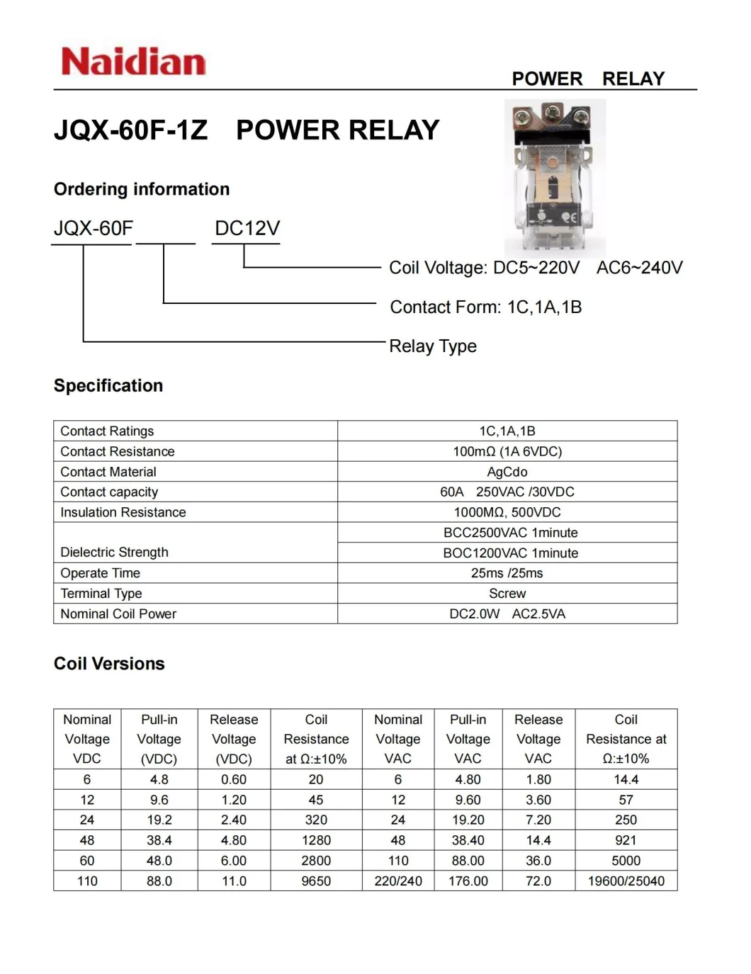Naidian Jqx-60f Power Relay 12V 60A High Power Relay
